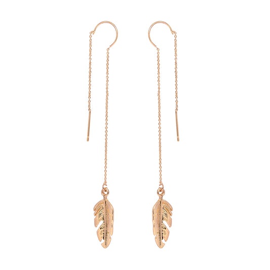 Long Chain Golden Leaf Dangle & Drop Earrings