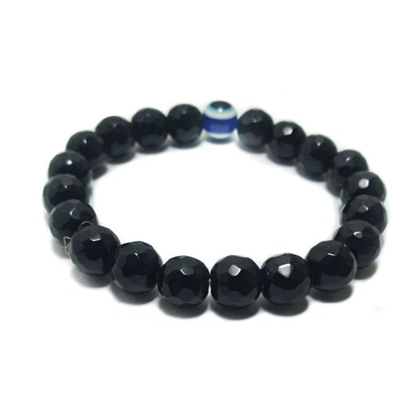 Shiny black beads with blue evil eye unisex bracelet