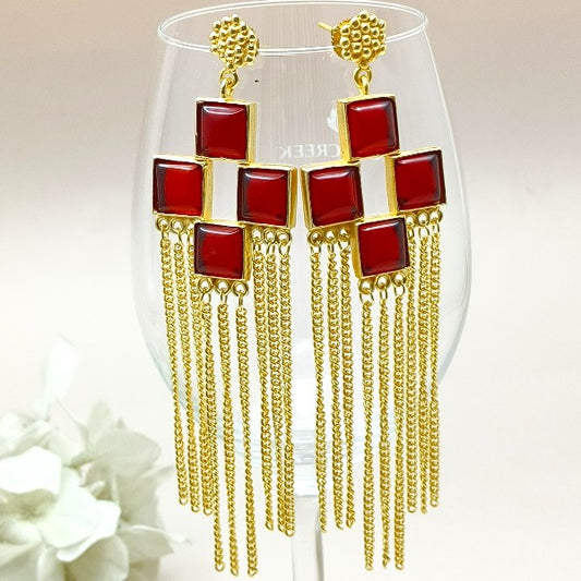 Chain Drop Earring With Red Stone