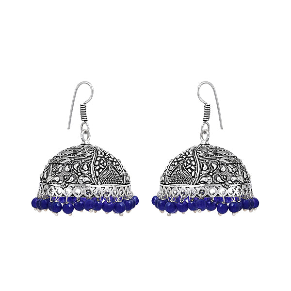Dome Shaped Silver Oxidized Drop Earrings with Pink Beads for Women