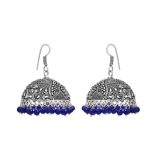 Dome Shaped Silver Oxidized Drop Earrings with Pink Beads for Women
