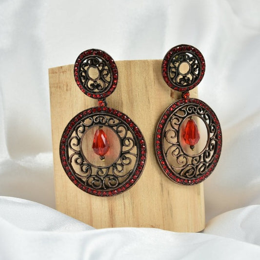 Stunning Red Stones And Metal Round Earrings