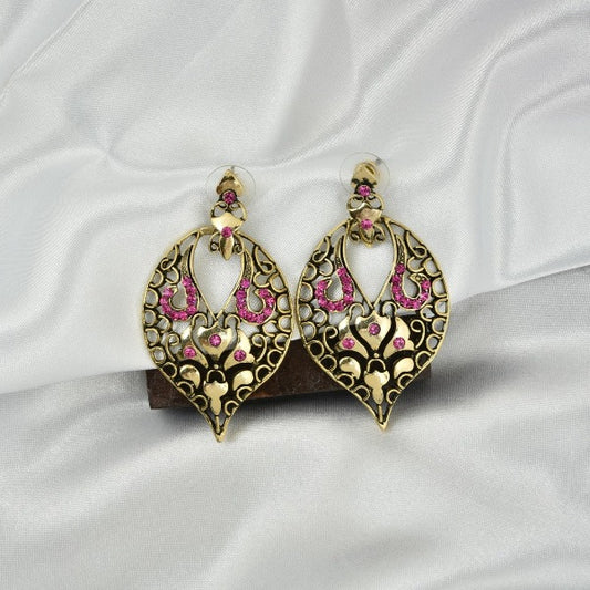 Dark Pink Stone And Gold Metal Earrings