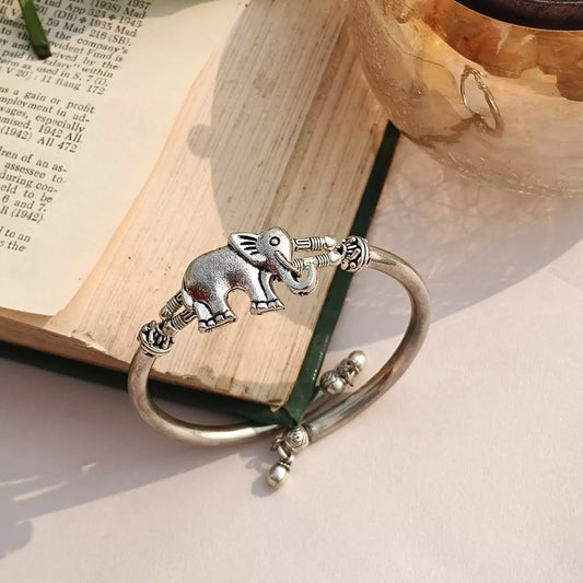 Silver Oxidized Elephant Stackable Kada Bracelet