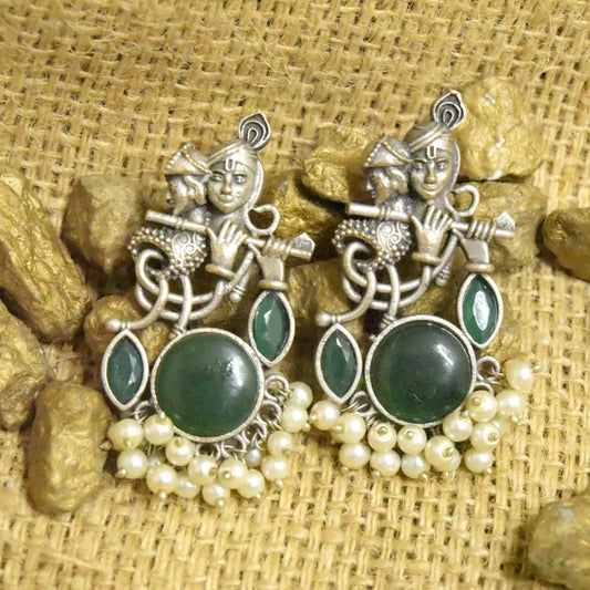 Green Stone Radha Krishna Oxidized Kundan Earring