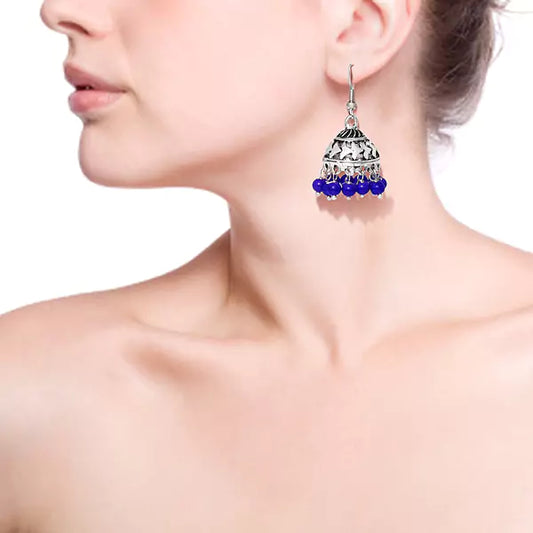 Indian trend silver oxidized jhumki with blue beads