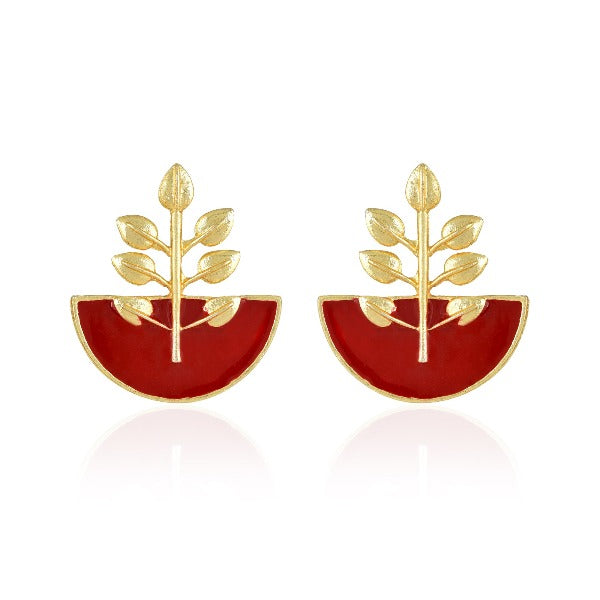 Enamel Stud Drop Leaves Color Golden Earrings