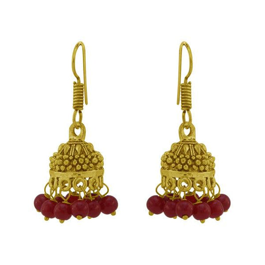 Minimalist golden stone jhumki with red beads - The Fineworld