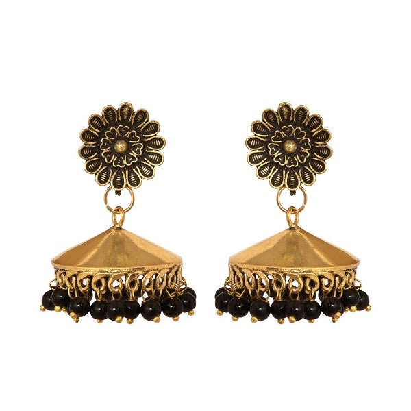 Flower stud oxidized jhumka earrings with black beads - The Fineworld