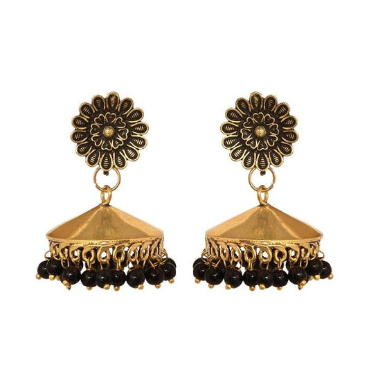 Flower stud oxidized jhumka earrings with black beads - The Fineworld