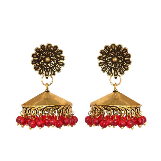 Flower stud oxidized jhumka earrings with red beads - The Fineworld