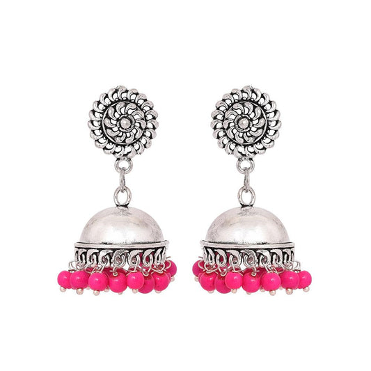German silver chakra stud jhumki earrings with pink beads - The Fineworld