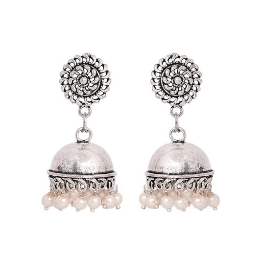 German silver chakra stud jhumki earrings with White beads - The Fineworld