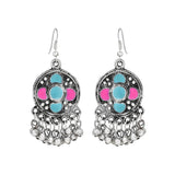 Turquoise and Pink Enameled Metal Drop Earrings with Silver Beads for Women - The Fineworld
