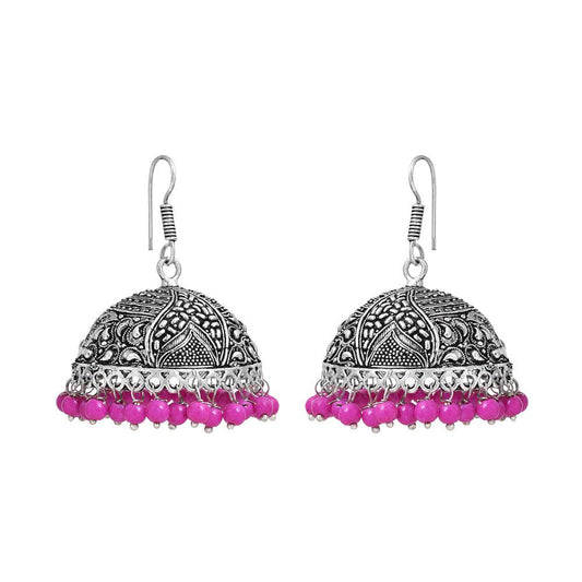 Dome Shaped Silver Oxidized Drop Earrings with Pink Beads for Women - The Fineworld