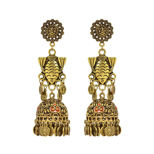 Yellow Gold Plated Engraved Stud Drop Earrings - The Fineworld