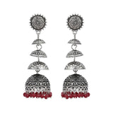 Multi-layer Silver Dome Shaped Stud Drop Earrings with Maroon Beads - The Fineworld