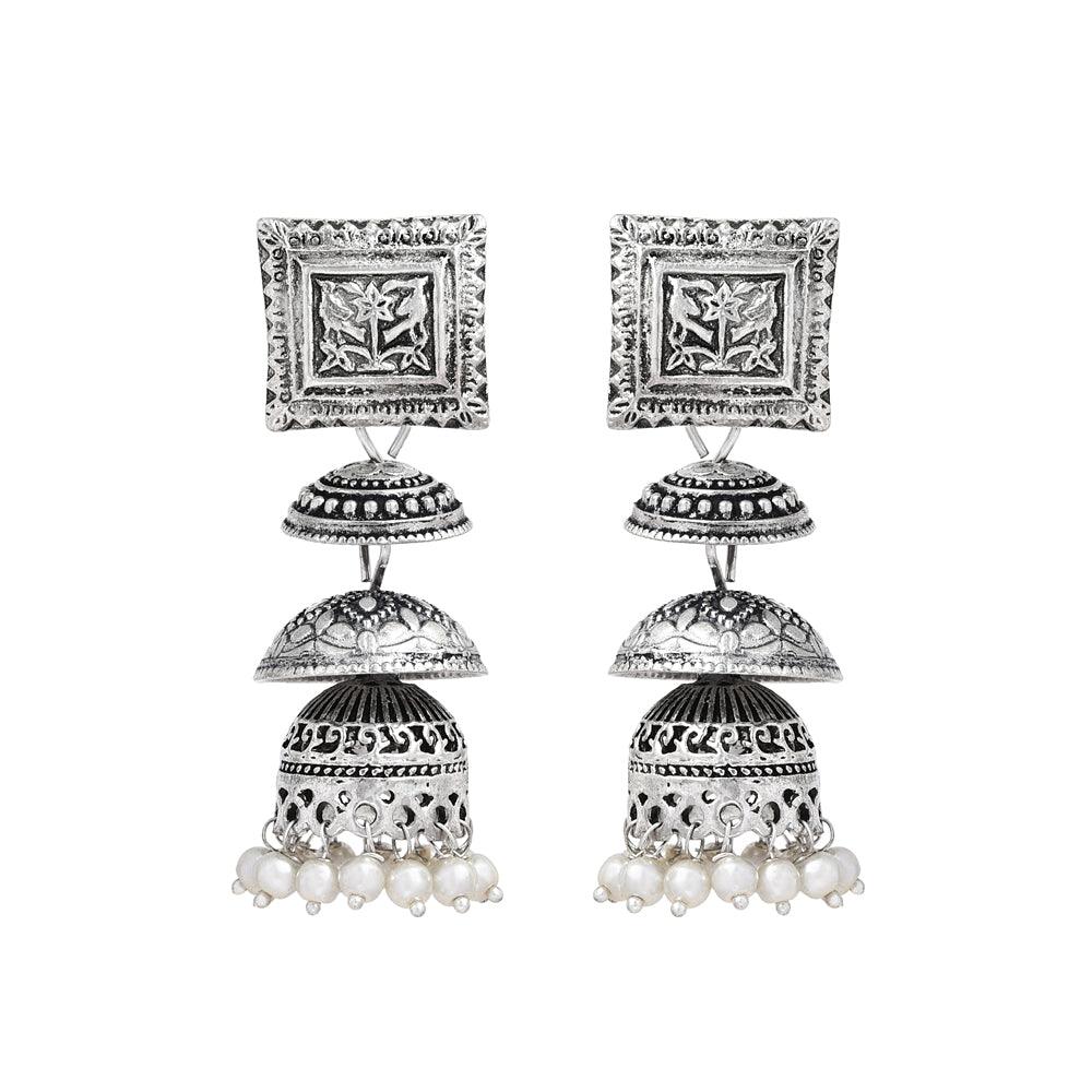 Artificial Silver Engraved Stud Drop Earrings - The Fineworld