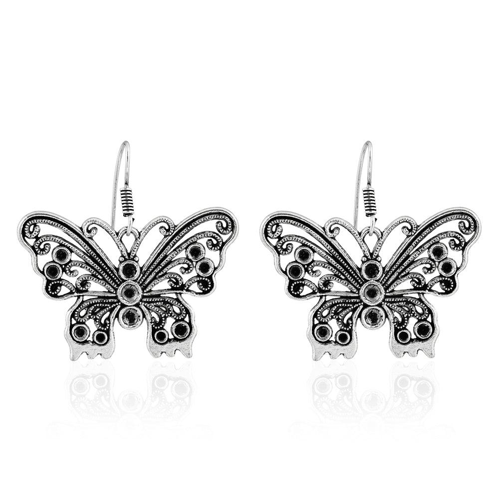 Silver Plated Butterfly Design Drop Earrings With Black Stone - The Fineworld