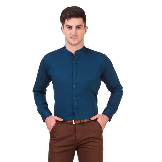 Blue Color 100% Cotton Mandarin Collar Shirt - The Fineworld
