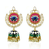 Lotus Design Round Earrings With Enamel -Blue and Pink