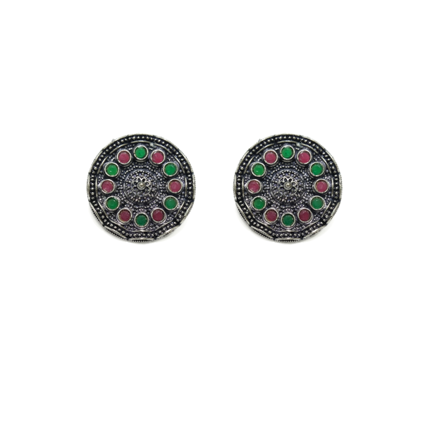 Green and red stones oxidized stud earring