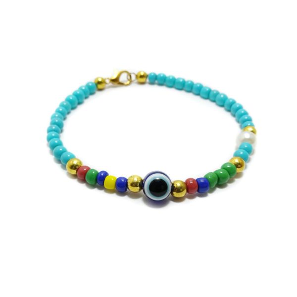 Shiny Multi-Color Beads With Evil Eye Bracelet