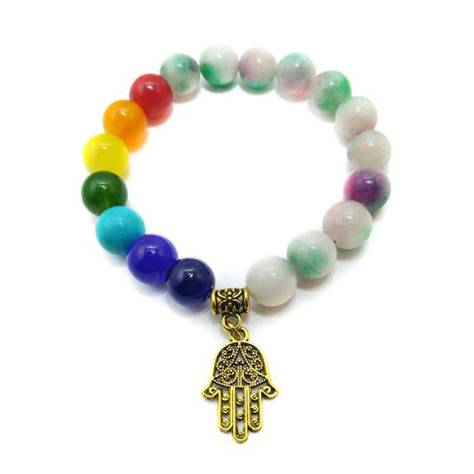 Multicolor 10MM Beads Bracelet With Gold Plated Hamas Charm