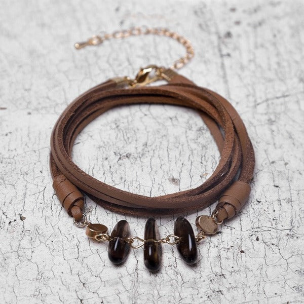 Brown Leather Bracelet With Natural Stone