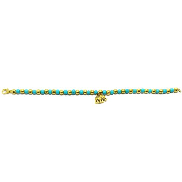 Gold & Turquoise Color Beads Bracelet With Elephant Cham