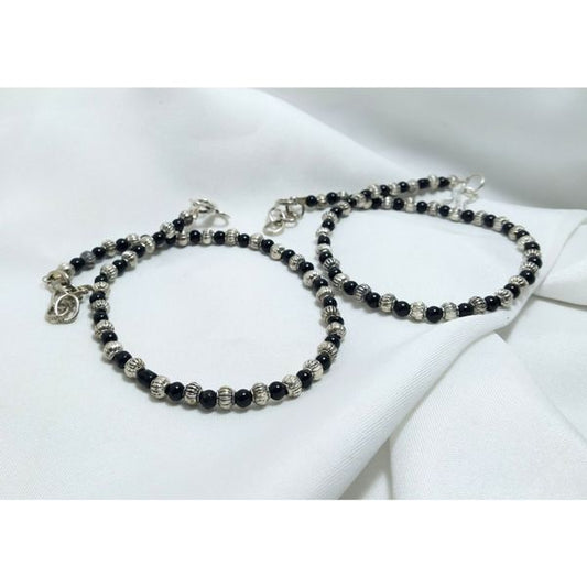 Black Beads German Silver Anklet