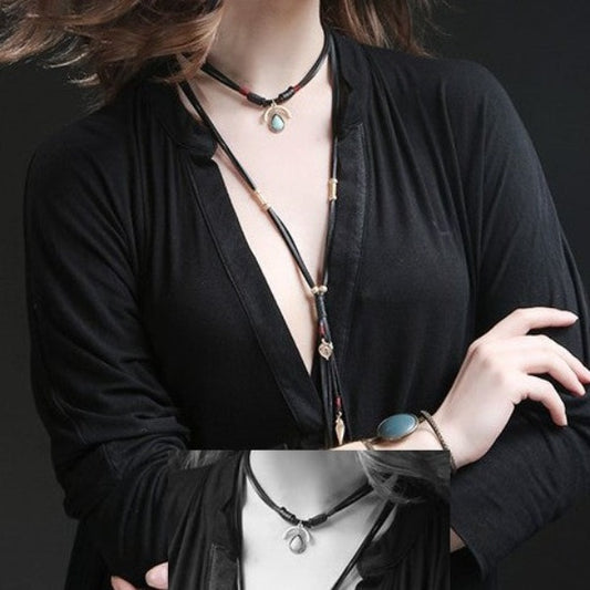Leather choker necklace with long strands