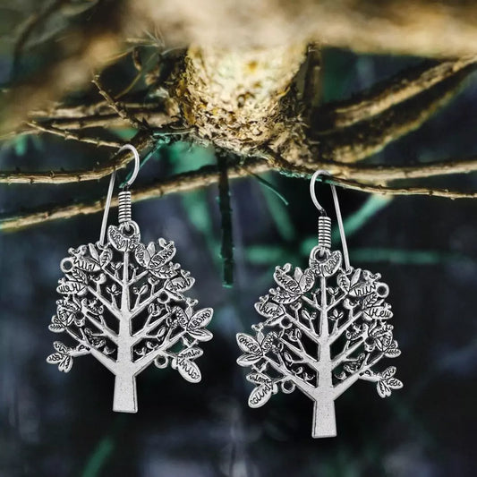Silver Tone Tree Shaped Engraved Drop Earrings For Girls