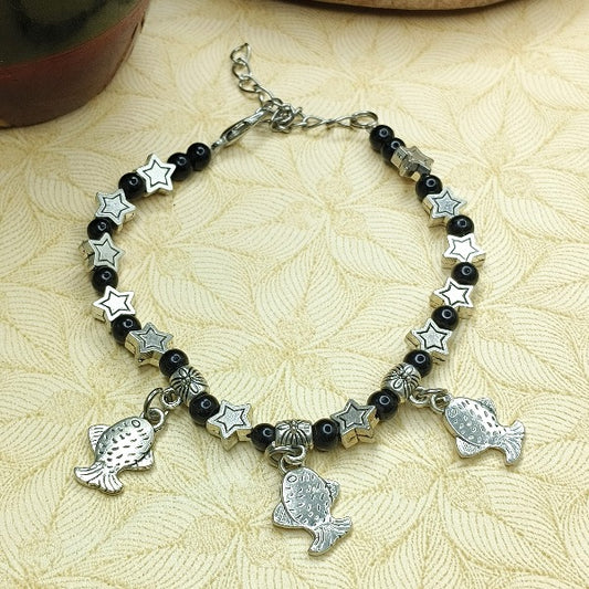 Black Beads With Fish Charm German Silver Bracelet