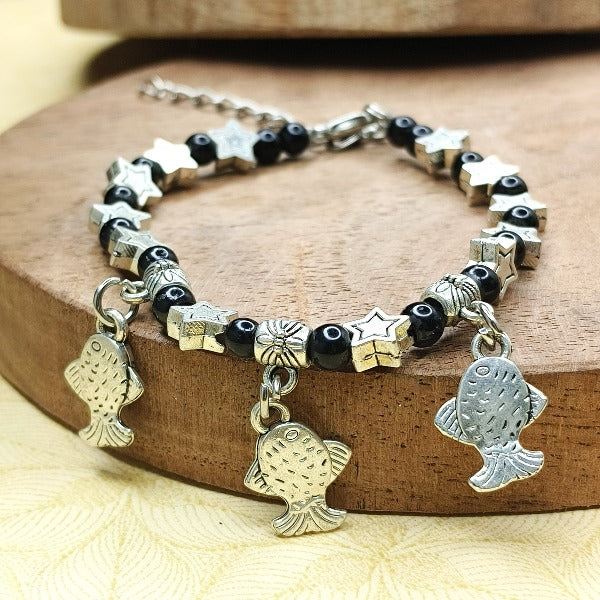 Black Beads With Fish Charm German Silver Bracelet