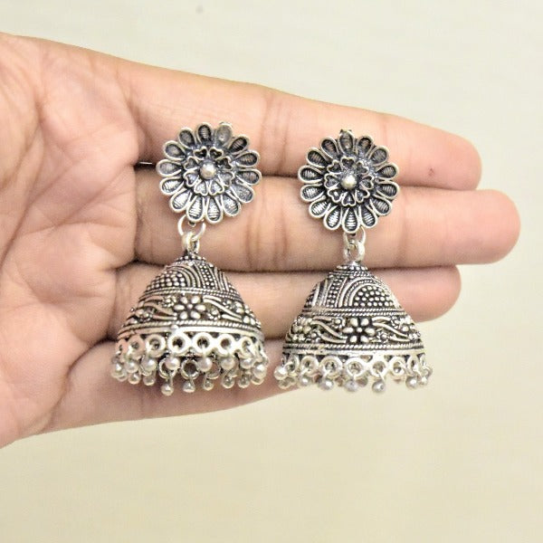Buy Rani Pink Stone German Silver Oxidised Jhumka Earrings Online – The  Jewelbox