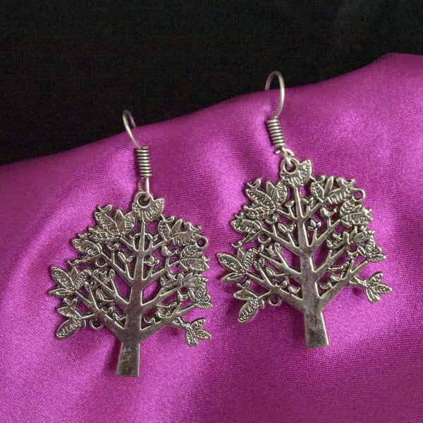 Silver Tone Tree Shaped Engraved Drop Earrings For Girls