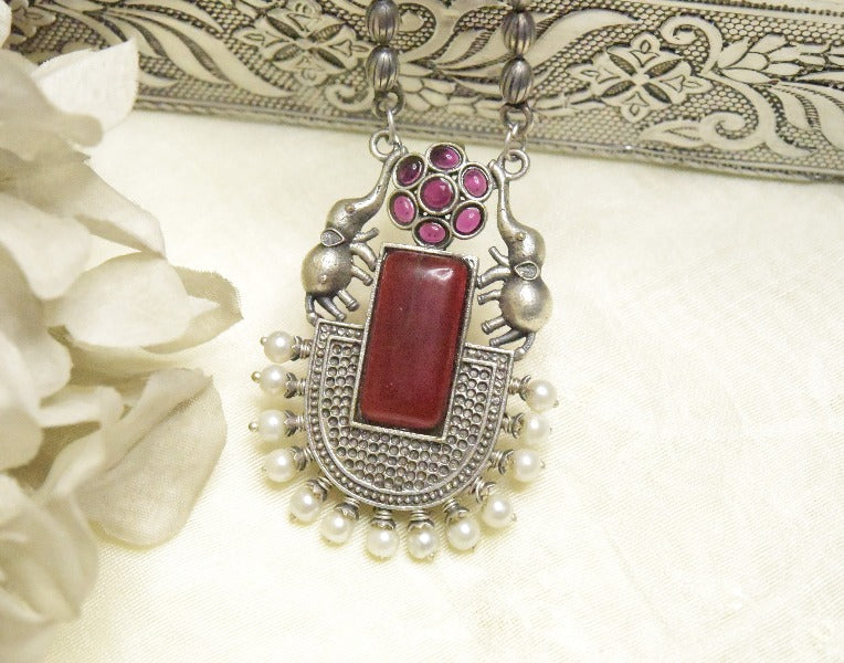 Red Stone Kundan Pendant Necklace Earring Set