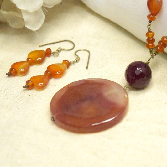 Carnelian Gemstone Necklace Earring Set