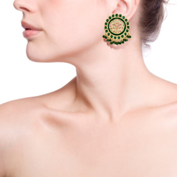 Round Beaded Golden Green Stones Stud Drop Earrings