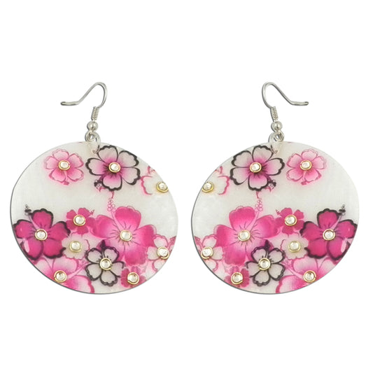 Pink Floral With White Design Earring