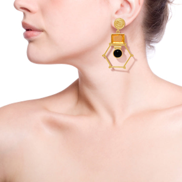 Gold Plated Dangler Earring With Black & Yellow Stone