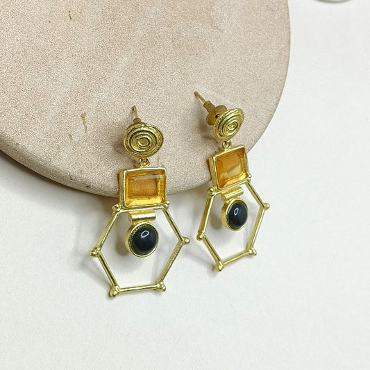 Gold Plated Dangler Earring With Black & Yellow Stone