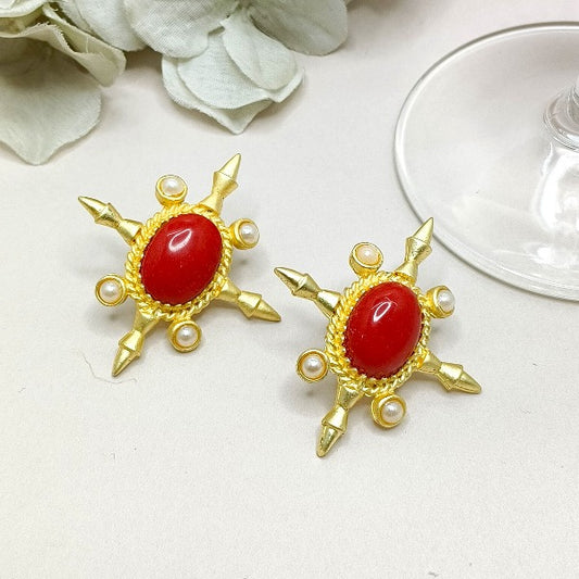 Red Stone Gold Plated Stud Earrings