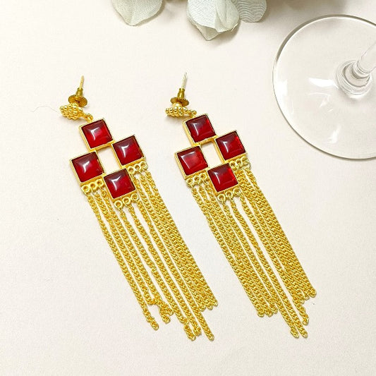Chain Drop Earring With Red Stone