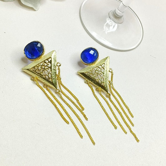Blue Stone Stud With Drop Triangle & Chain Earring