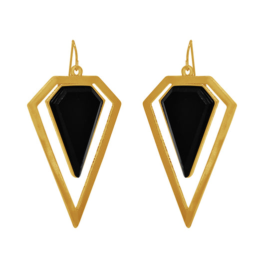 Trendy Triangle Design Drop Earring With Black Stone