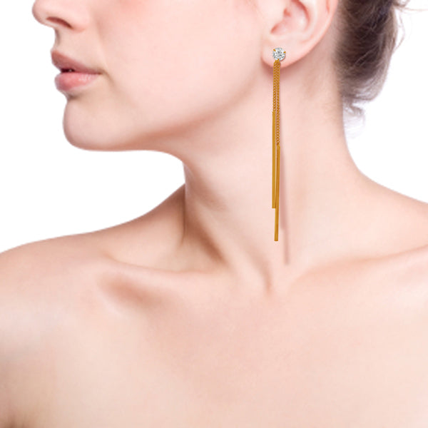 Long Gold Plated Chain Earring With Imitation Stud