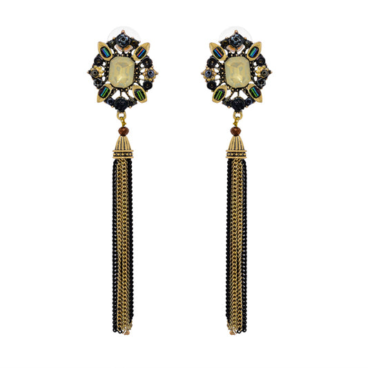 Charming Decorative Stone Stud with Chain Drop Earrings