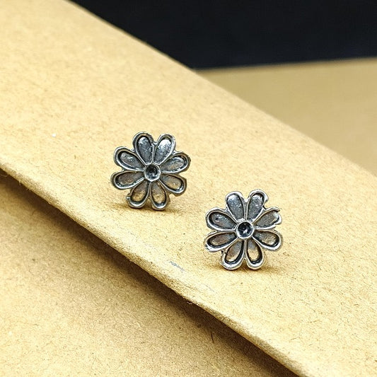 Silver plated flower designed with black stone earring